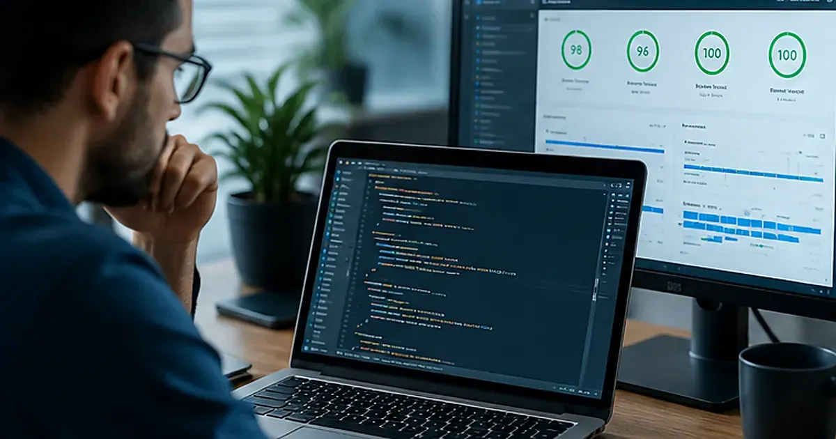 Developer workstation with code illustrating schema markup and structured data implementation