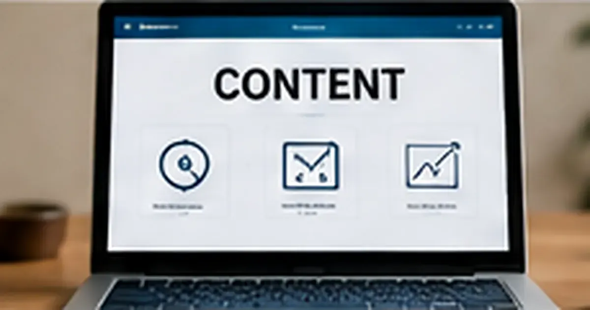 Content strategy dashboard on a laptop illustrating SEO topic clusters and content planning