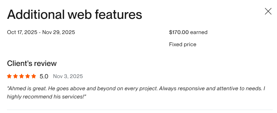 Client feedback screenshot