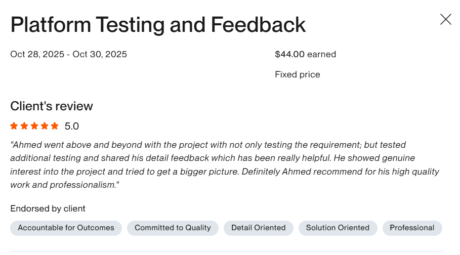 Client feedback screenshot